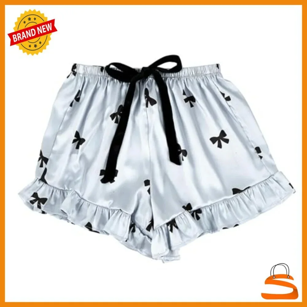 Satin Pajama Set Long Sleeve Top Ruffled Shorts Small Size